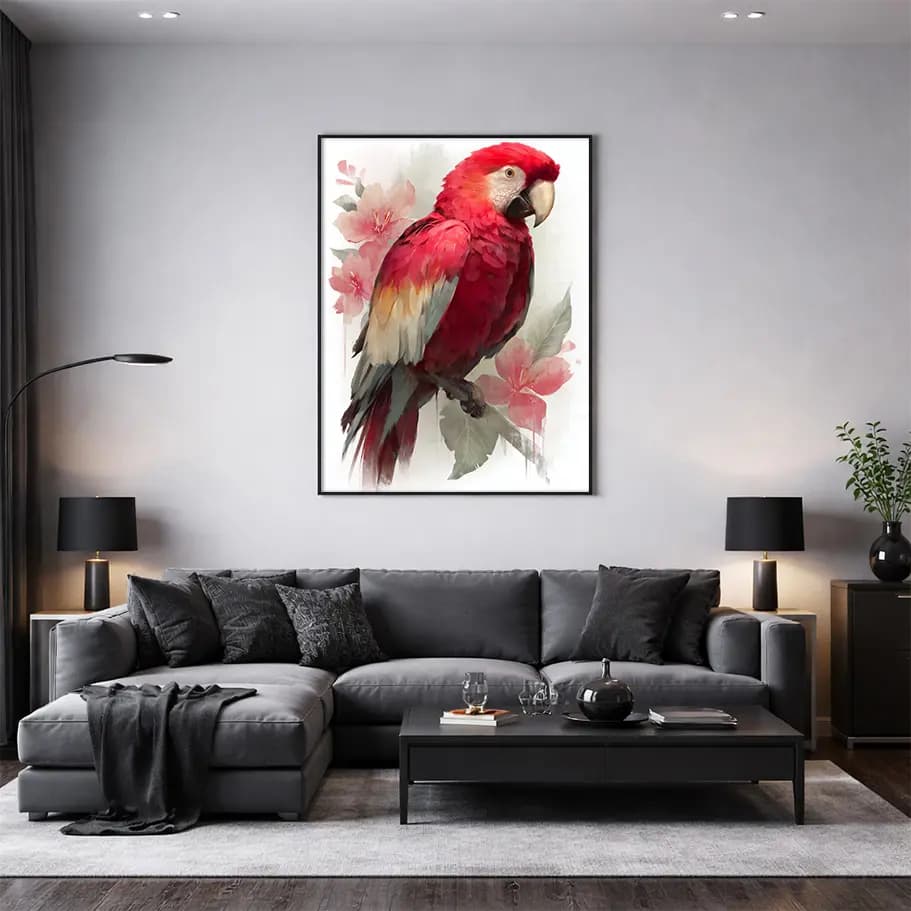 Tropikal Kırmızı Ara Papağan Tablo | Çiçekli Suluboya Poster