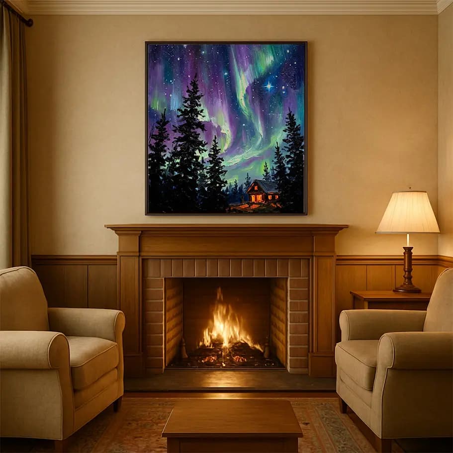 Kuzey Işıkları ve Dağ Evi Poster – Yıldızlı Gece Gökyüzü