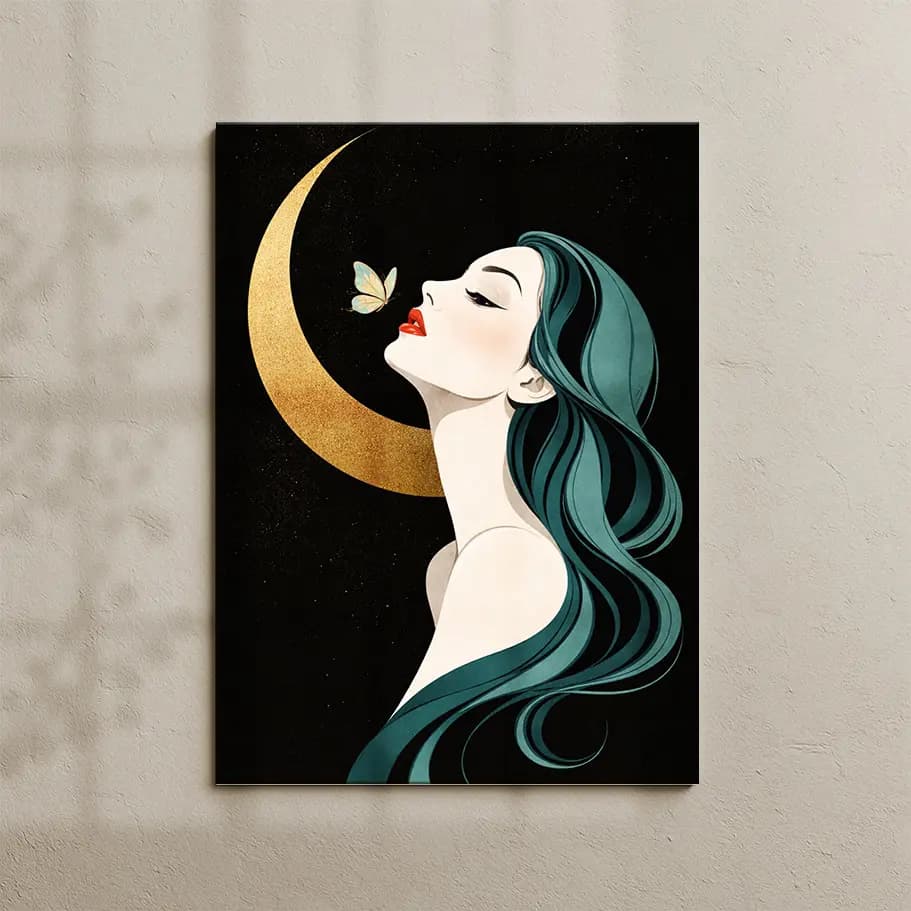 Ay Temalı Kadın İllüstrasyon Posteri