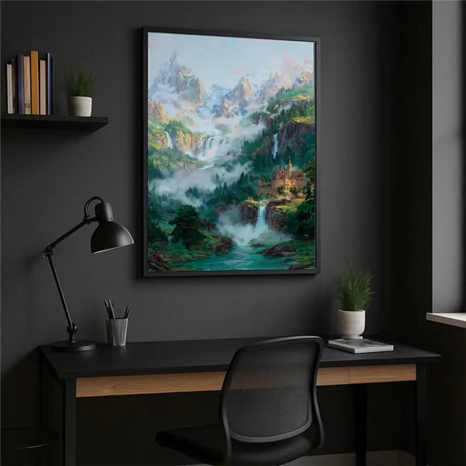 Şelaleli Dağlar ve Şato Manzarası Posteri