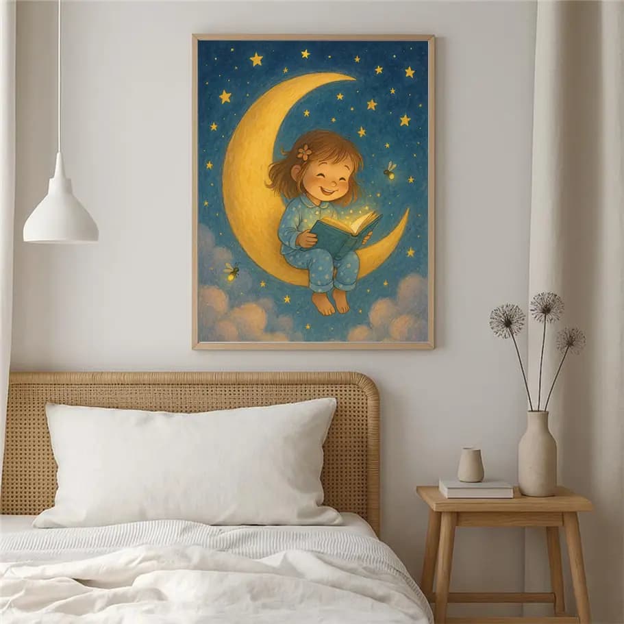 Ayda Kitap Okuyan Kız Çocuk İllüstrasyonu