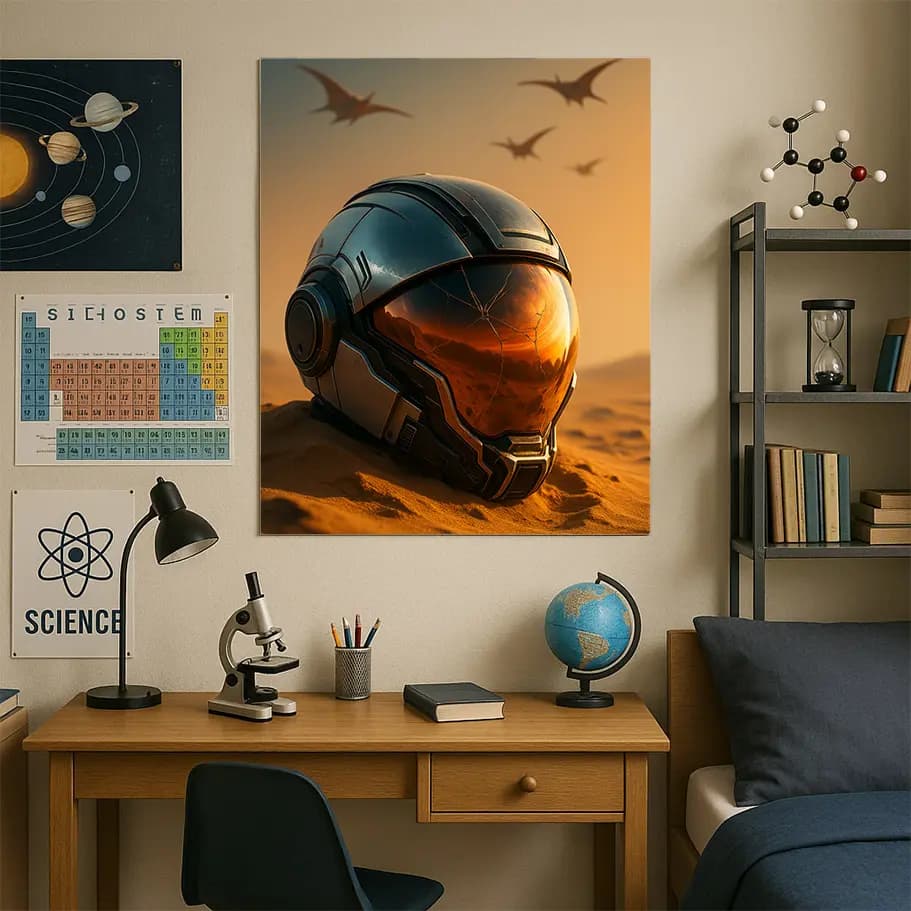 Kırık Vizörlü Astronot Kaskı – Çöl Sci-Fi Poster