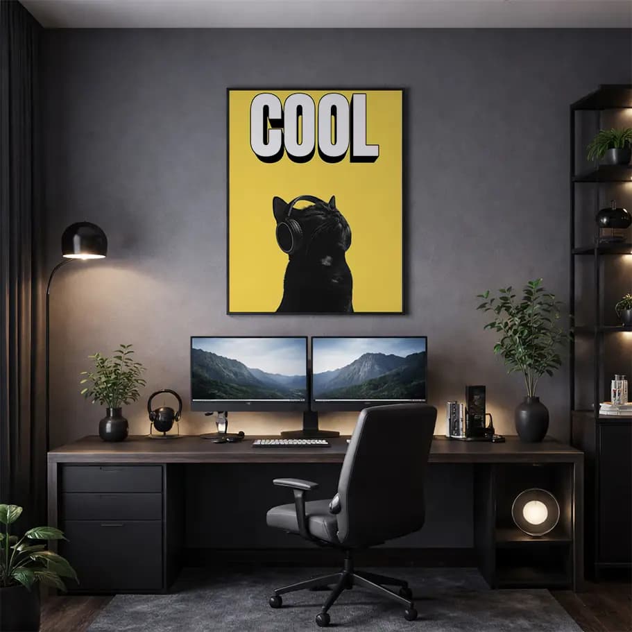 Cool Kulaklıklı Siyah Kedi Poster