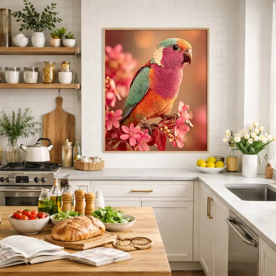 Renkli Papağan & Kiraz Çiçeği Posteri | Bahar Duvar Dekoru