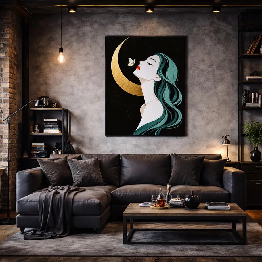 Ay Temalı Kadın İllüstrasyon Posteri