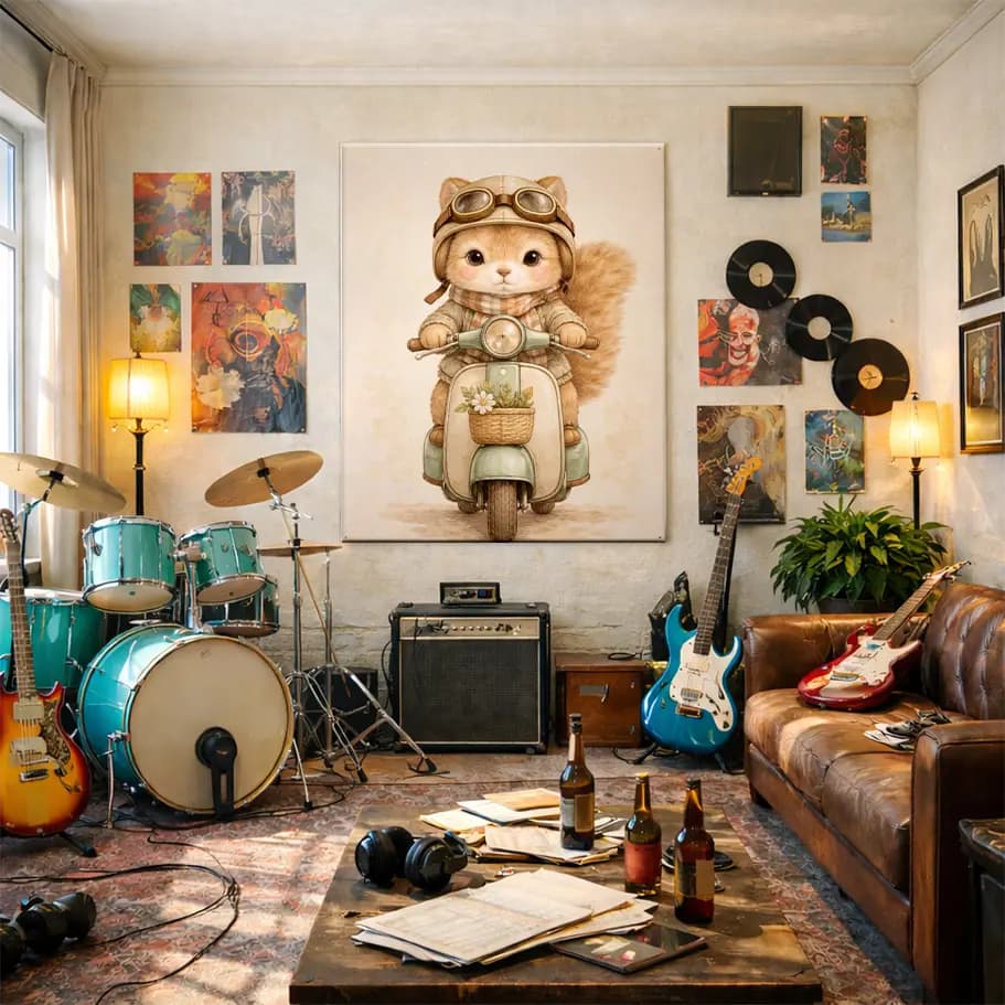 Vintage Scooterlı Sevimli Kedi Poster