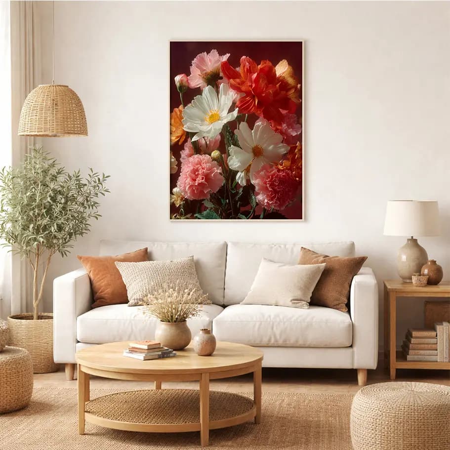 Karanfil & Papatya Çiçek Posteri | Koyu Arka Plan Natürmort Duvar Tablosu