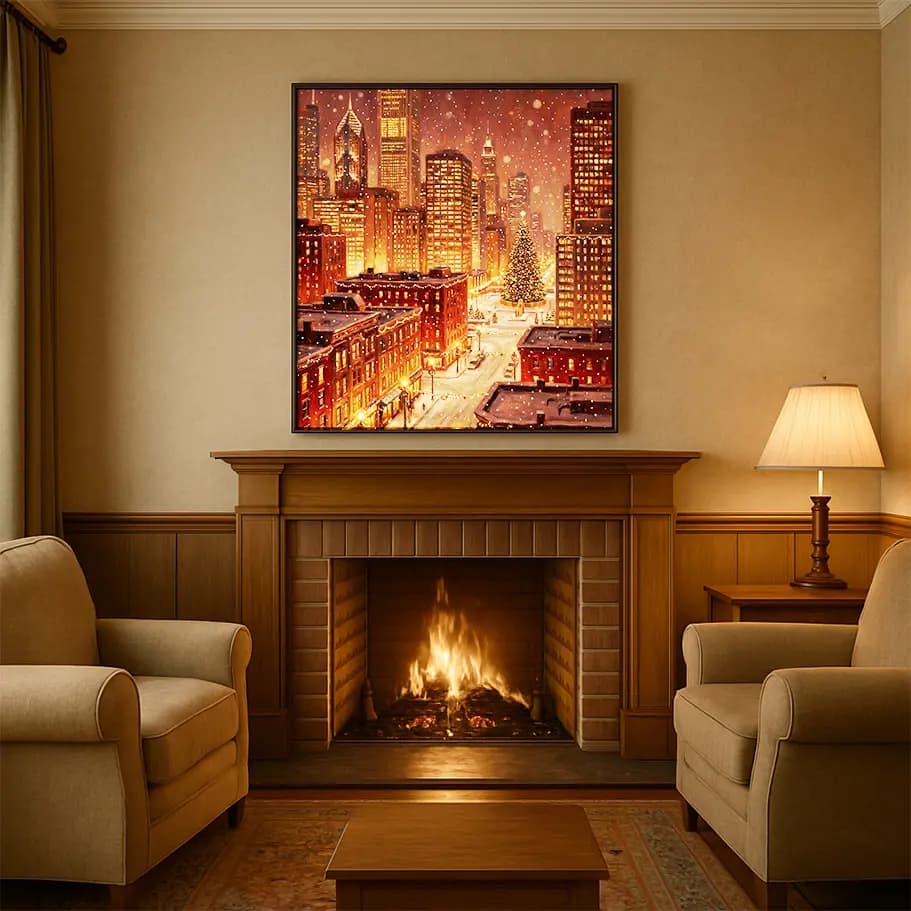 Karlı Yılbaşı Şehir Manzarası Poster – Işıklı Noel Ağacı