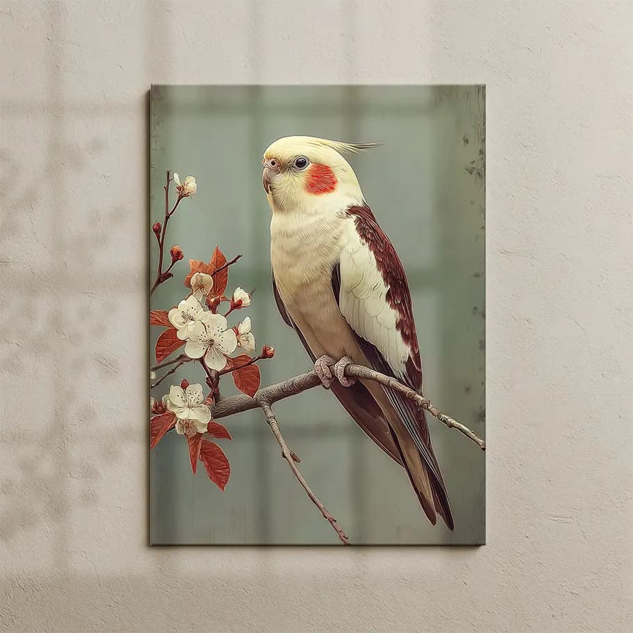 Sultan Papağanı Çiçek Dalında Poster | Vintage Kuş İllüstrasyonu