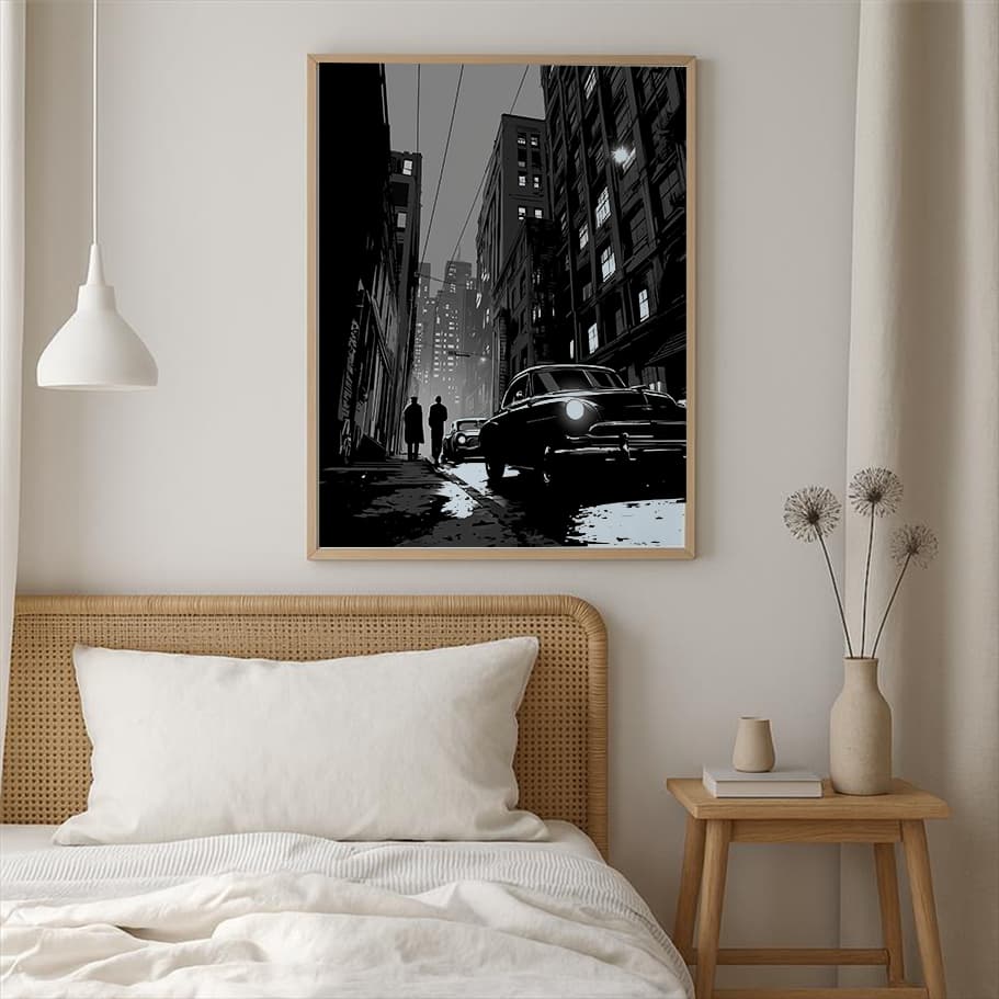 Siyah Beyaz Retro Araba Duvar Posteri