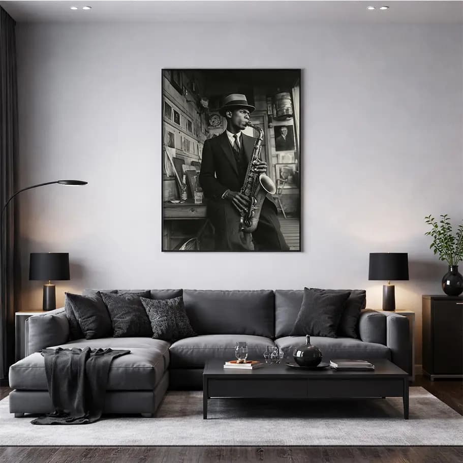 Noir Jazz Saksafoncu Siyah Beyaz Poster | Retro Duvar Dekoru