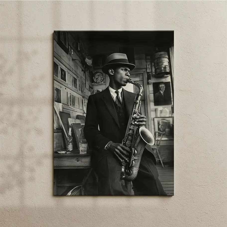 Noir Jazz Saksafoncu Siyah Beyaz Poster | Retro Duvar Dekoru