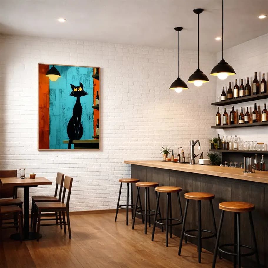 Bar Kedisi Siyah Kedi Posteri | Retro Kafe Duvar Dekoru