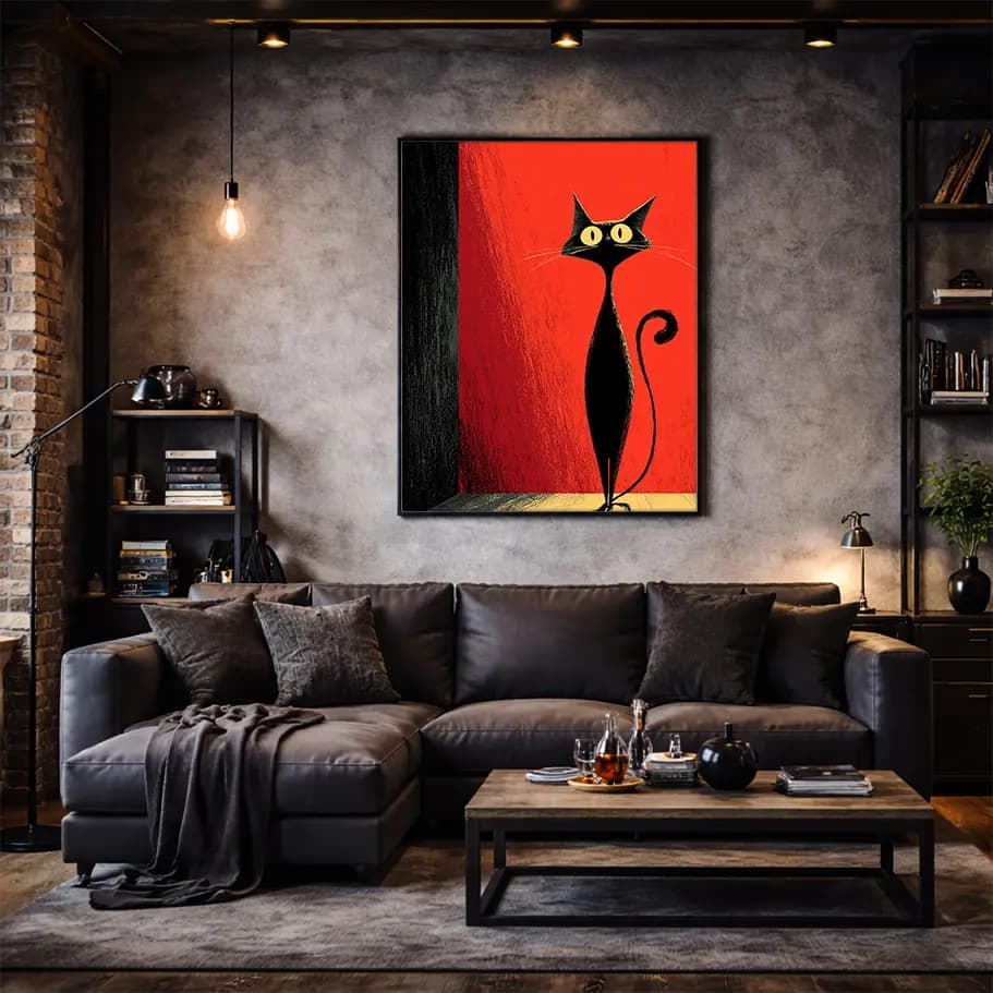 Kırmızı Fonlu Siyah Kedi Tablo Poster – Modern İllüstrasyon