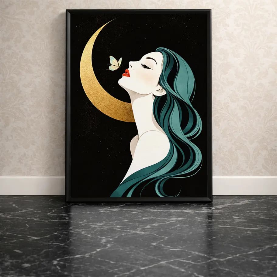 Ay Temalı Kadın İllüstrasyon Posteri