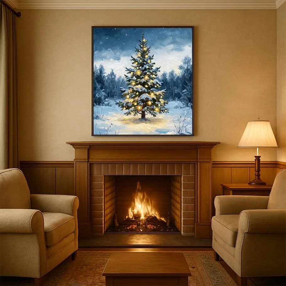 Karlı Ormanda Yılbaşı Ağacı Poster – Işıklı Çam Ağacı