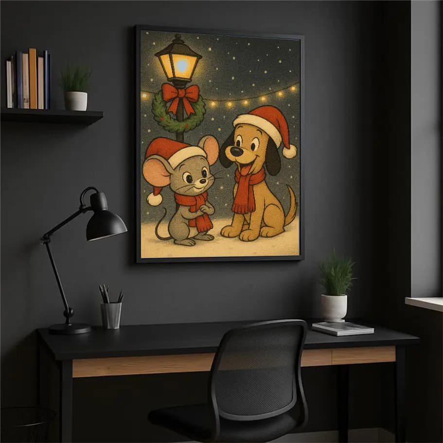 Noel Şapkalı Fare ve Köpek Posteri