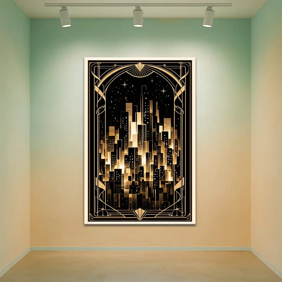 Art Deco Gece Metropolü Poster | Altın Siyah Şehir Duvar Tablosu