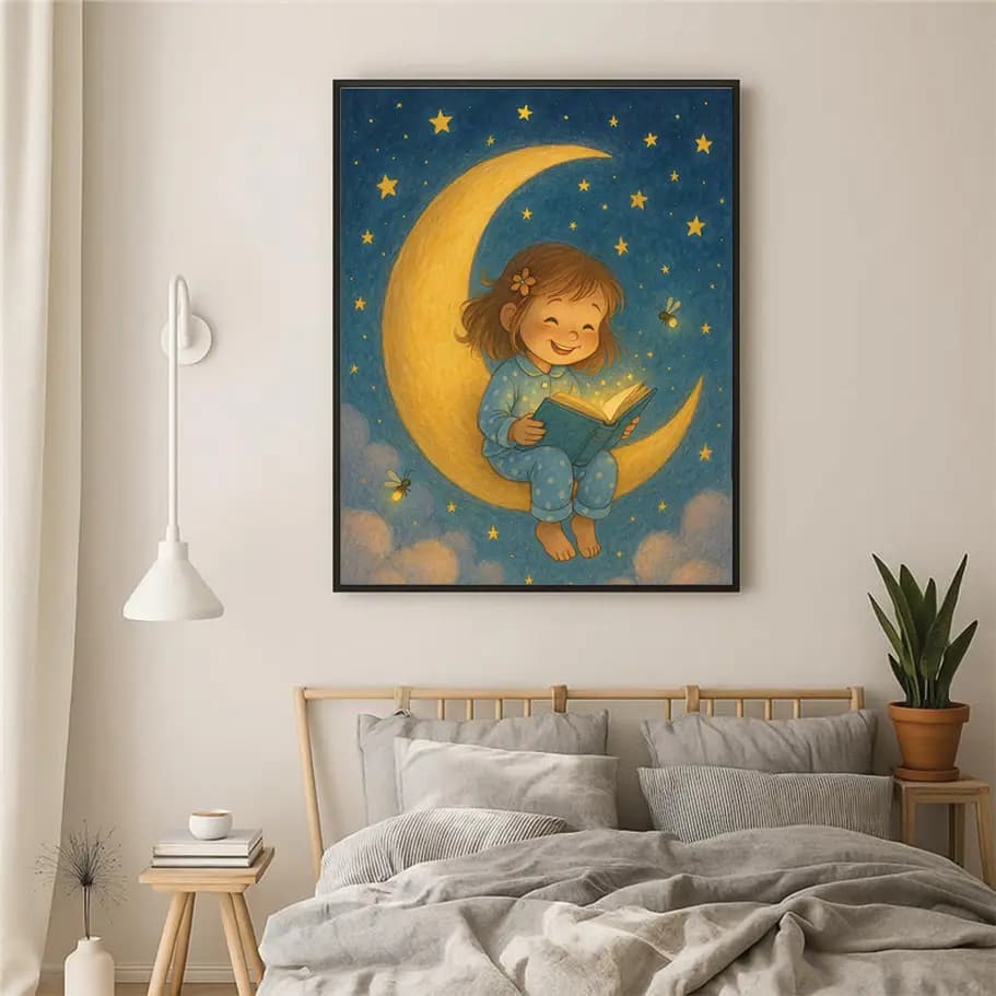 Ayda Kitap Okuyan Kız Çocuk İllüstrasyonu