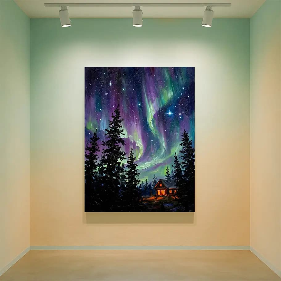 Kuzey Işıkları ve Dağ Evi Poster – Yıldızlı Gece Gökyüzü