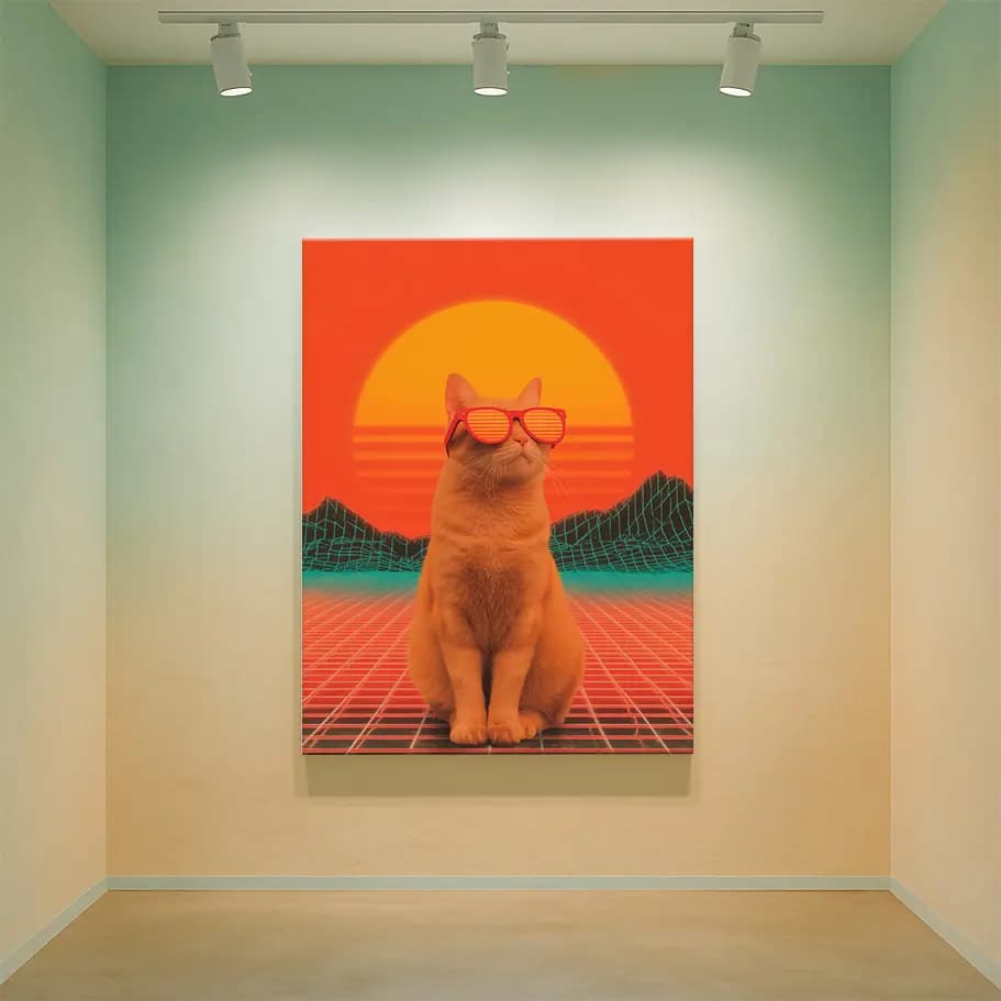 Retro Synthwave Kedi Posteri | Neon Güneş & Grid Tasarım