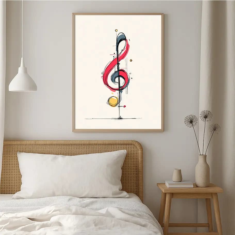 Soyut Sol Anahtarı Tablo | Kırmızı Vurgulu Minimal Müzik Posteri