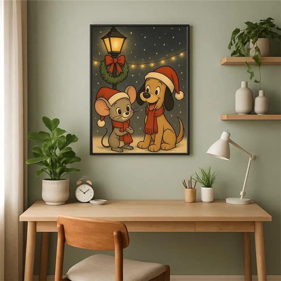 Noel Şapkalı Fare ve Köpek Posteri