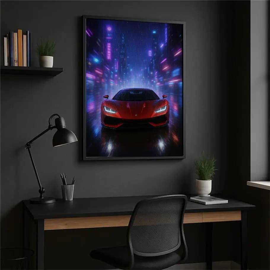 Kırmızı Süper Araba Neon Şehirde