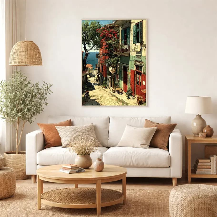 Renkli Sahil Sokağı Poster | Begonvilli Taş Sokak, Deniz Manzaralı Duvar Dekoru