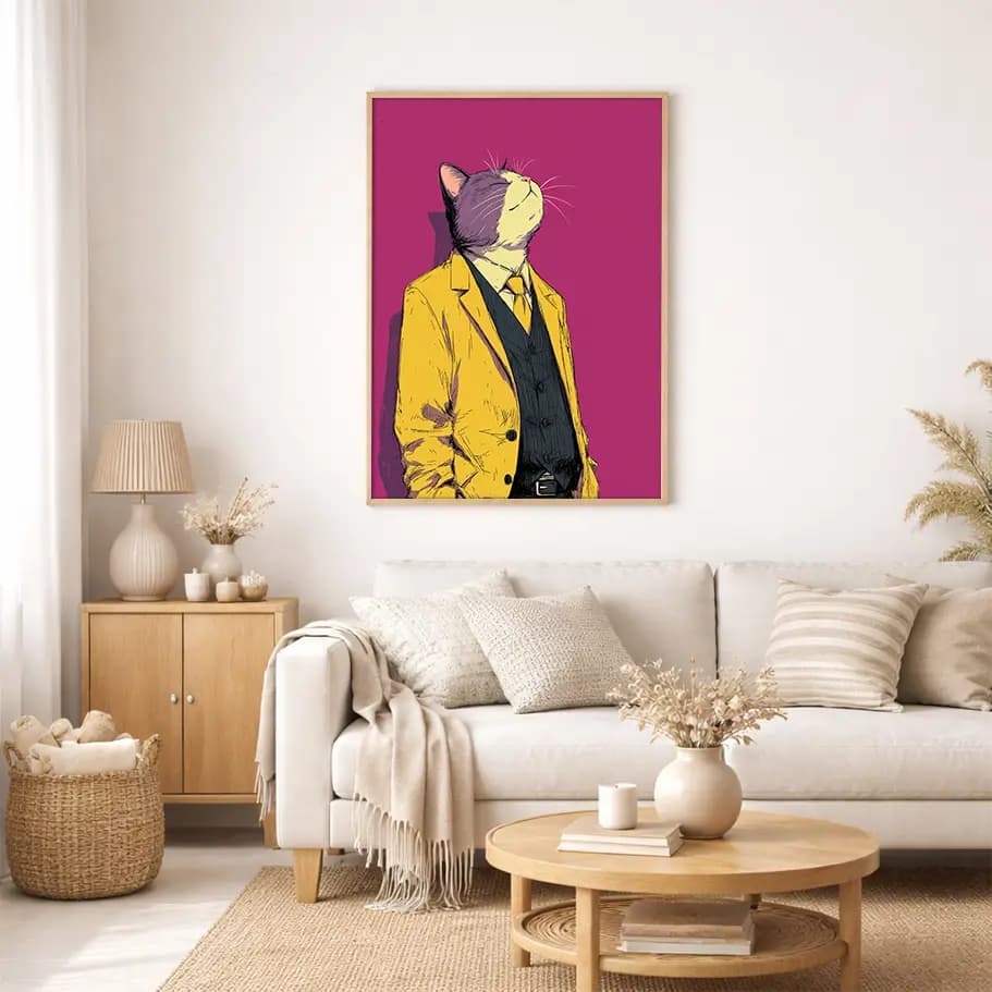 Takım Elbiseli Kedi İllüstrasyon Poster | Sarı Ceket
