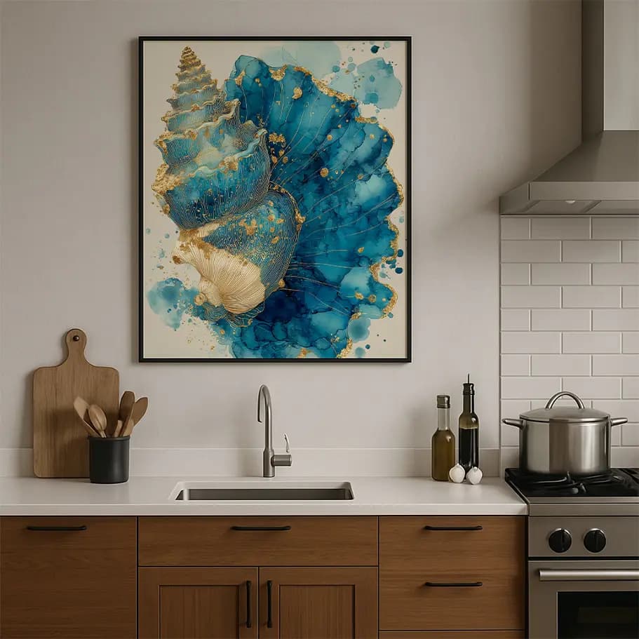 Altın Detaylı Mavi Deniz Kabuğu Poster