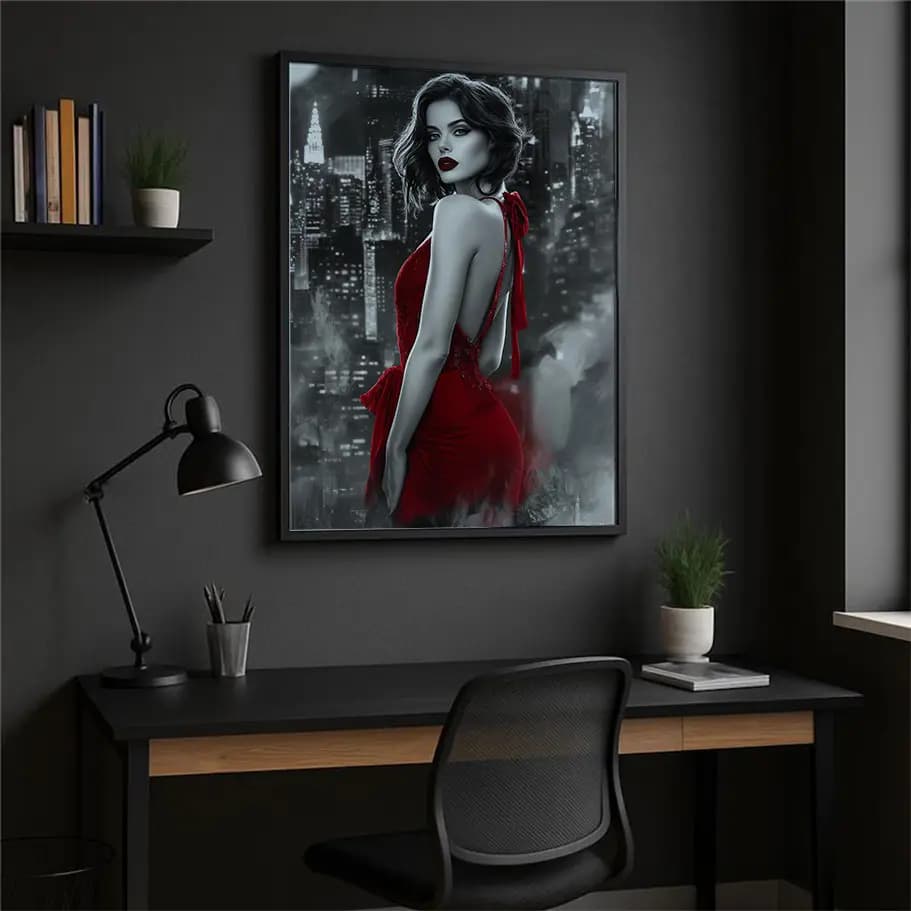 Kırmızı Elbiseli Kadın Kanvas Tablo Noir Siyah Beyaz Şehir Poster