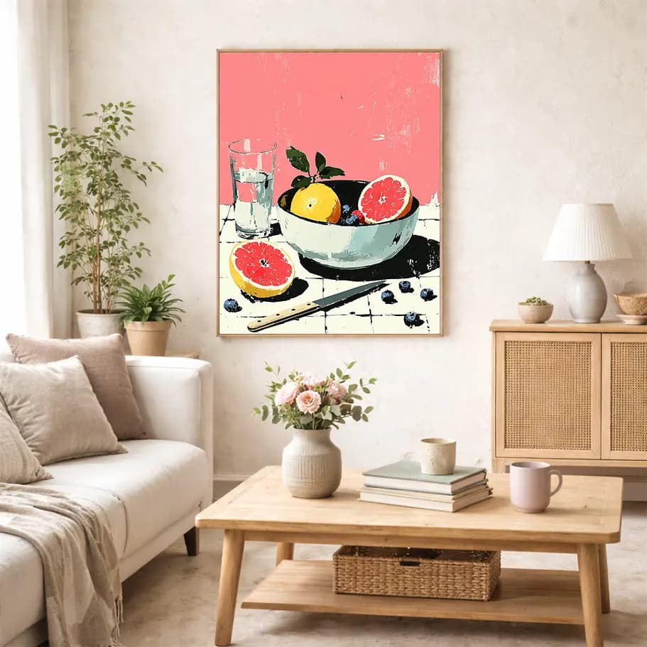 Pembe Arka Planda Meyve Kasesi ve Su Bardağı