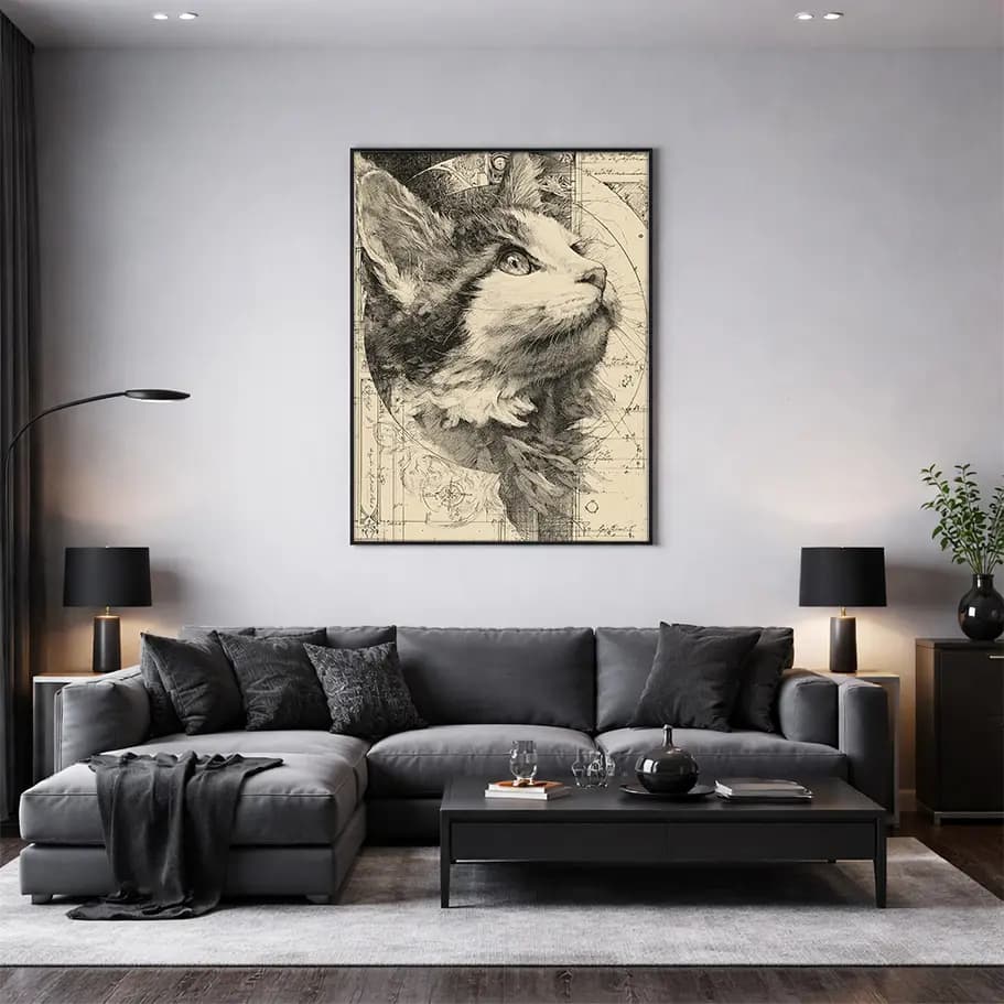 Mühendis Kedisi Çizim Posteri | Teknik Eskiz Duvar Tablosu