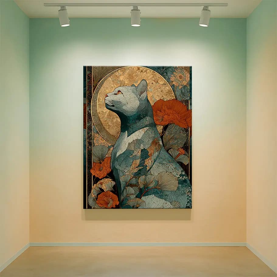 Art Nouveau Kedi Posteri | Çiçekli Vintage Duvar Dekoru