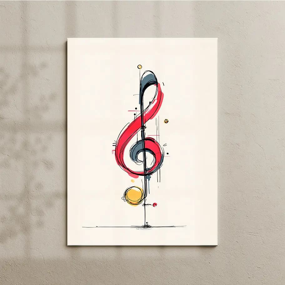 Soyut Sol Anahtarı Tablo | Kırmızı Vurgulu Minimal Müzik Posteri
