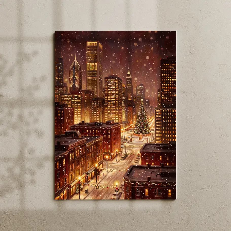 Karlı Yılbaşı Şehir Manzarası Poster – Işıklı Noel Ağacı