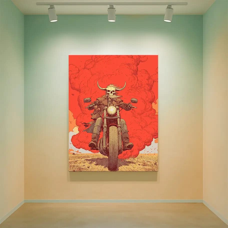 Boynuzlu Kuru Kafa Motorcu İllüstrasyonu Poster