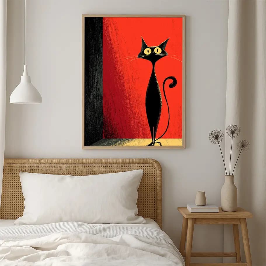 Kırmızı Fonlu Siyah Kedi Tablo Poster – Modern İllüstrasyon