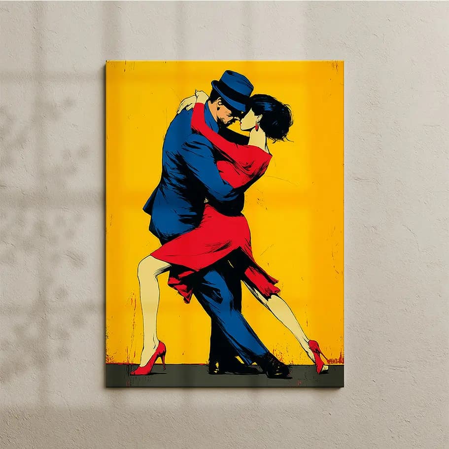 Tango Dansı Çift Poster – Kırmızı Elbise, Sarı Fon Modern Duvar Dekoru