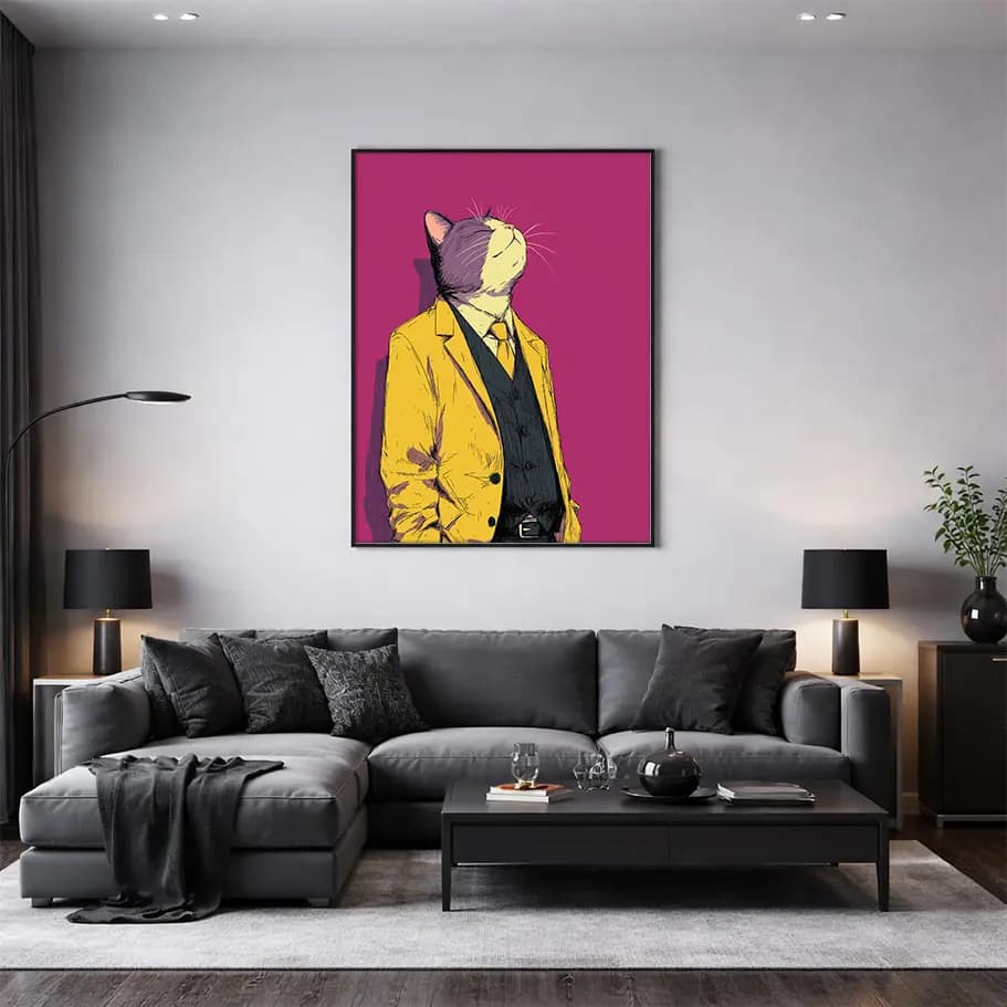 Takım Elbiseli Kedi İllüstrasyon Poster | Sarı Ceket