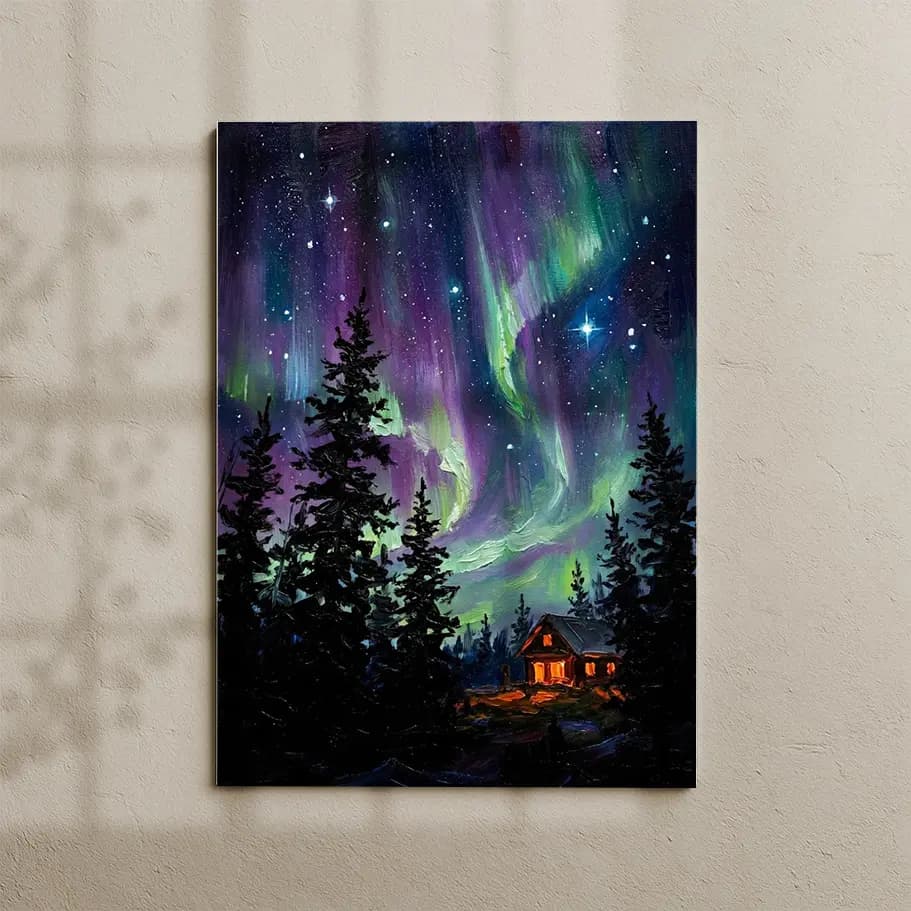 Kuzey Işıkları ve Dağ Evi Poster – Yıldızlı Gece Gökyüzü