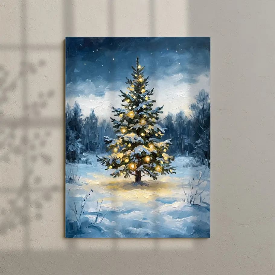 Karlı Ormanda Yılbaşı Ağacı Poster – Işıklı Çam Ağacı