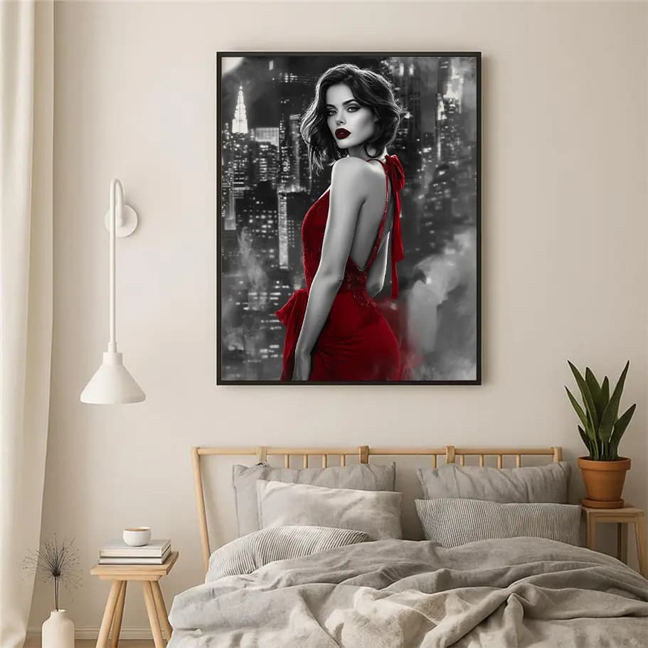 Kırmızı Elbiseli Kadın Kanvas Tablo Noir Siyah Beyaz Şehir Poster