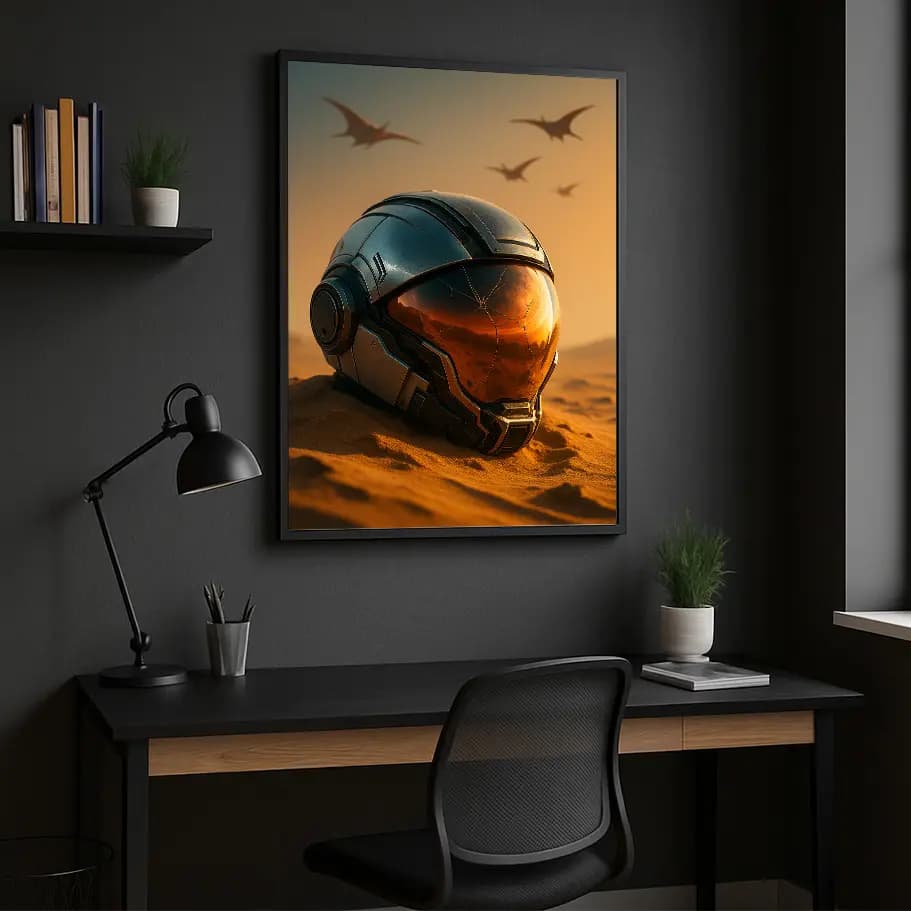 Kırık Vizörlü Astronot Kaskı – Çöl Sci-Fi Poster