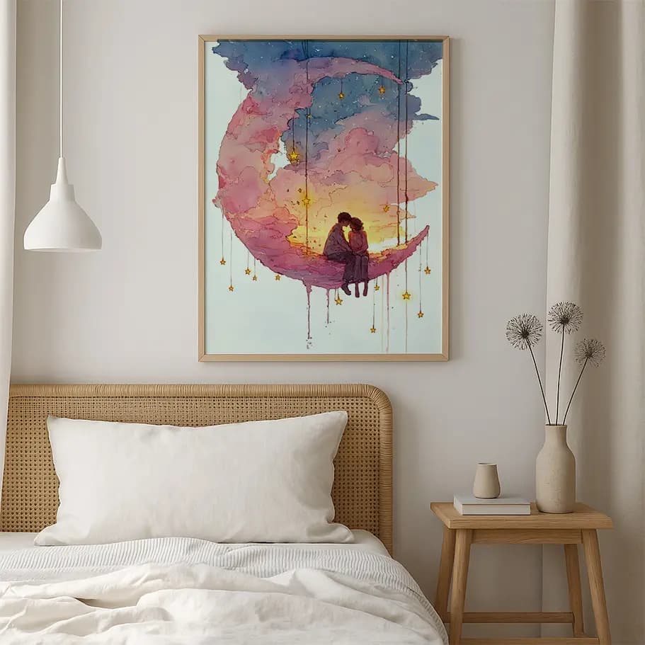 Romantik Ay ve Yıldızlar İllüstrasyonu