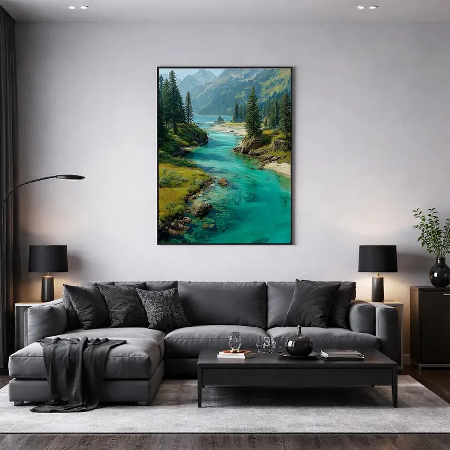 Turkuaz Nehir Dağ Manzarası Posteri