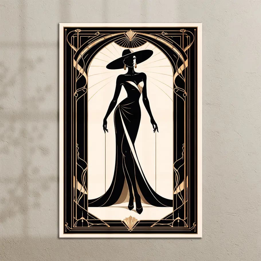 Zarif Kadın Figürü Art Deco Poster | Lüks Siyah & Altın Duvar Sanatı
