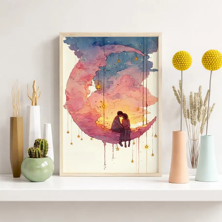 Romantik Ay ve Yıldızlar İllüstrasyonu