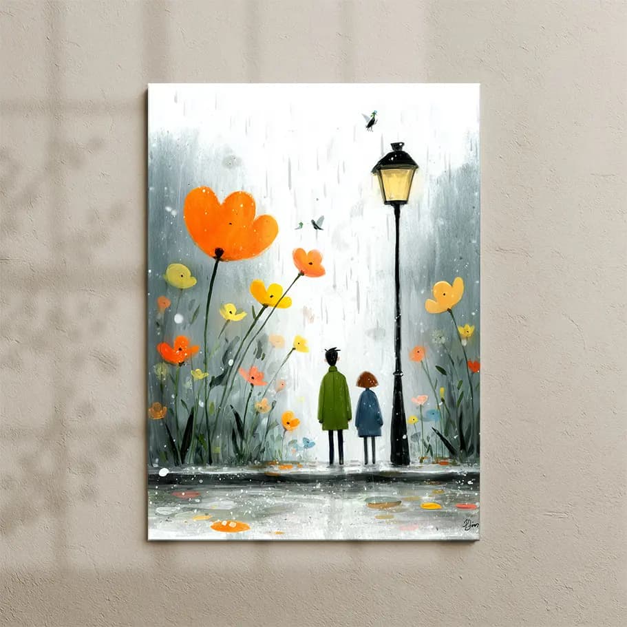 Masalsı Yağmur ve Turuncu Çiçekler – Sulu Boya Masalsı Duvar Tablosu